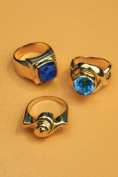 Made in Greece. Fine 925 Silver with 18k Gold Plating. Blue Mineral Topaz Stone. Statement Ring. 