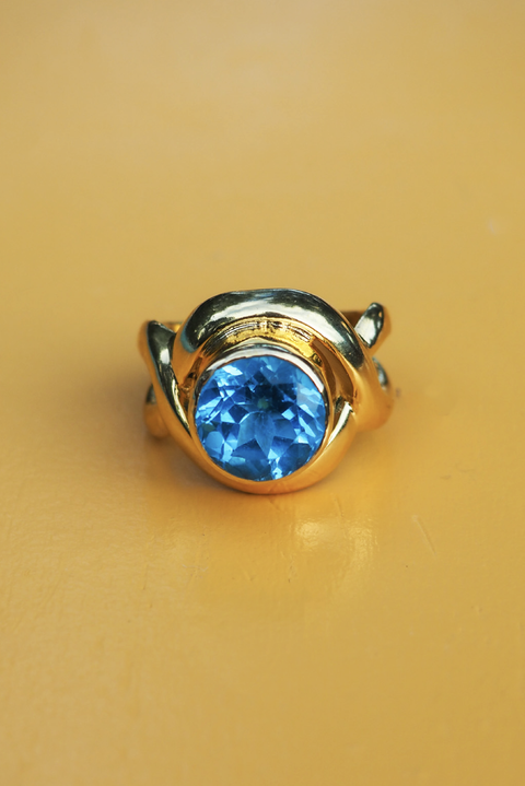 Made in Greece. Fine 925 Silver with 18k Gold Plating. Blue Mineral Topaz Stone. Statement Ring. 