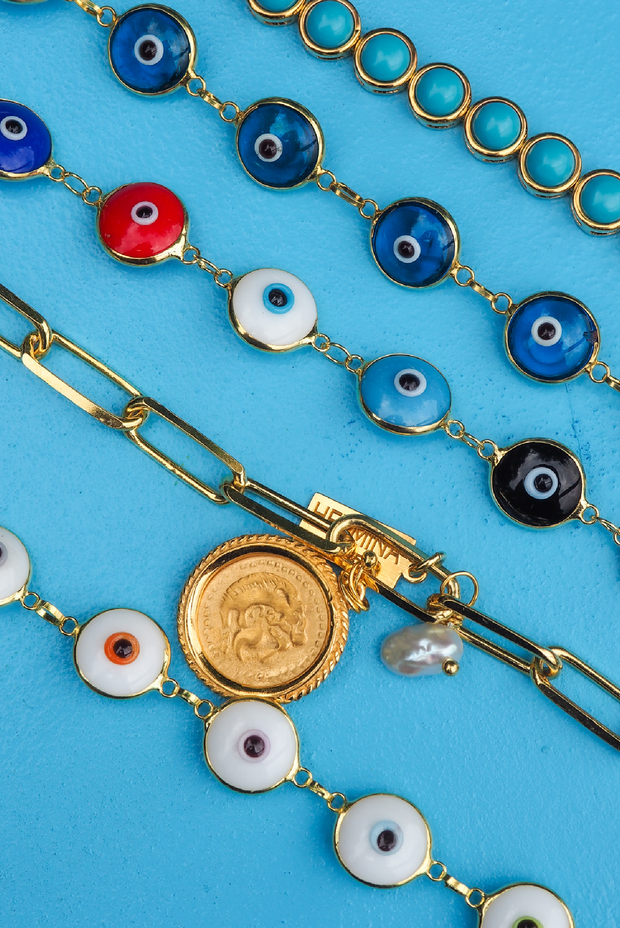 Selini Classic. 14K Gold Plated Sterling Silver or Sterling Silver. Evil Eye Bracelet. Greek Culture Jewelry. 