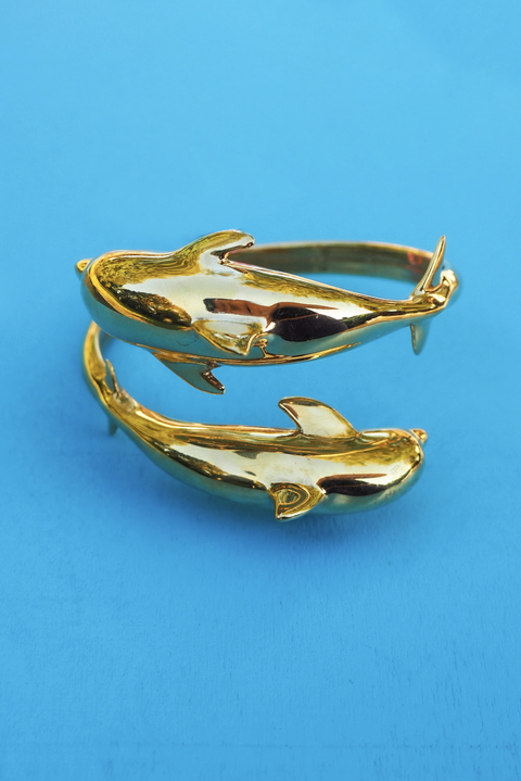 Made in Greece. 24k Plated Stainless Steel. Dolphin Cuff Bracelet. Adjustable Jewelry. 