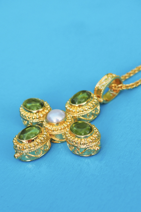 Made in Greece. Fine 925 Silver with 18k Gold Plating. Pearl and Peridot Stones. Statement Necklace. 