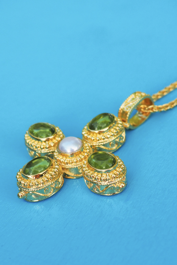 Made in Greece. Fine 925 Silver with 18k Gold Plating. Pearl and Peridot Stones. Statement Necklace. 