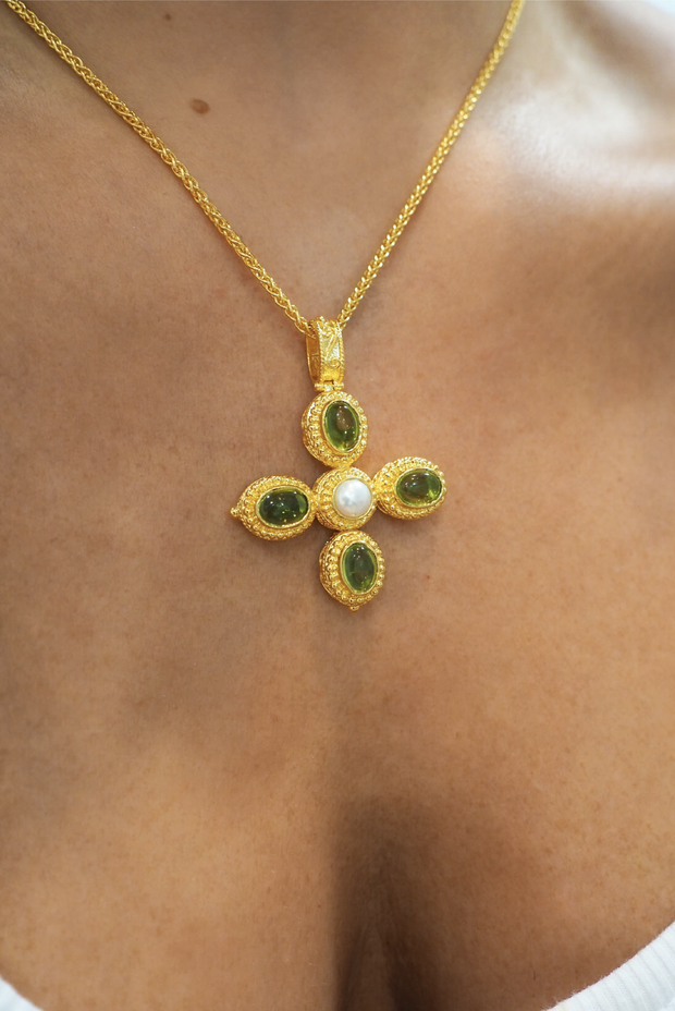 Made in Greece. Fine 925 Silver with 18k Gold Plating. Pearl and Peridot Stones. Statement Necklace. 