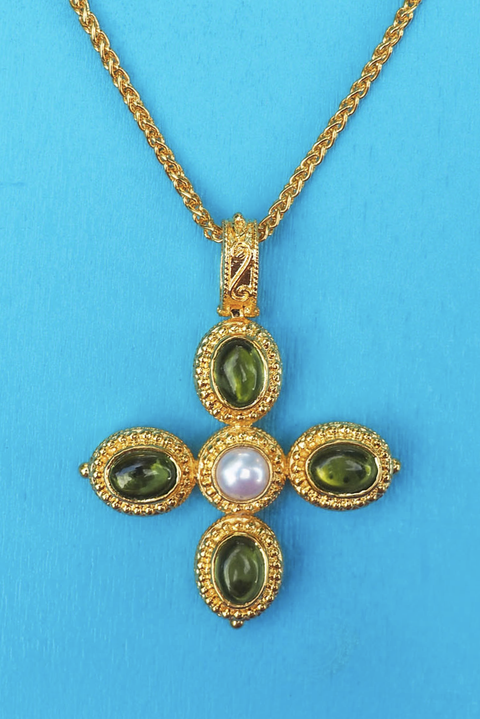 Made in Greece. Fine 925 Silver with 18k Gold Plating. Pearl and Peridot Stones. Statement Necklace. 