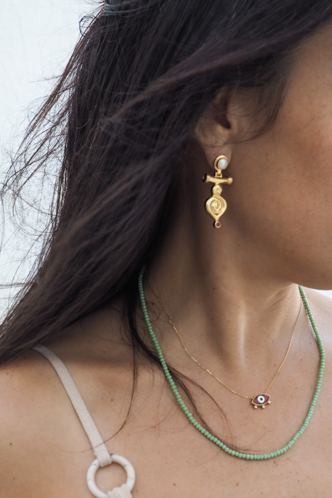 Made in Greece. Fine 925 Silver with 18k Gold Plating. Pearl and Ruby Stones. Statement Earrings. 