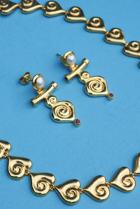 Made in Greece. Fine 925 Silver with 18k Gold Plating. Pearl and Ruby Stones. Statement Earrings. 