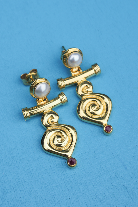 Made in Greece. Fine 925 Silver with 18k Gold Plating. Pearl and Ruby Stones. Statement Earrings. 