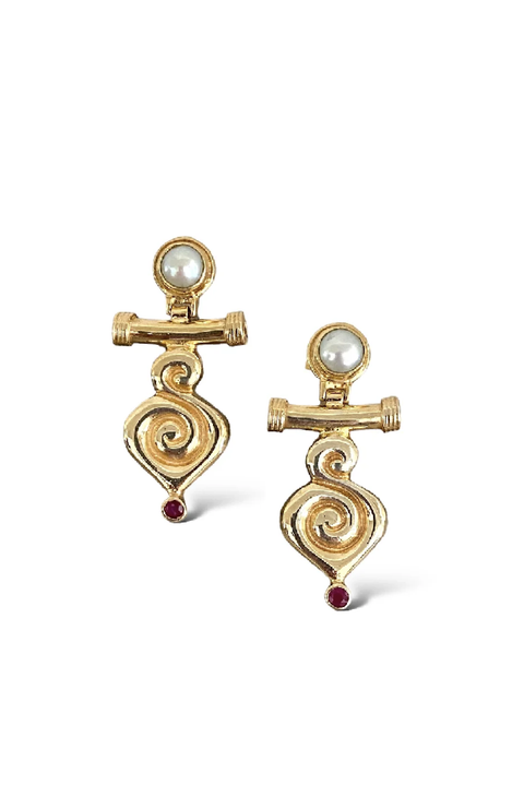 Made in Greece. Fine 925 Silver with 18k Gold Plating. Pearl and Ruby Stones. Statement Earrings. 