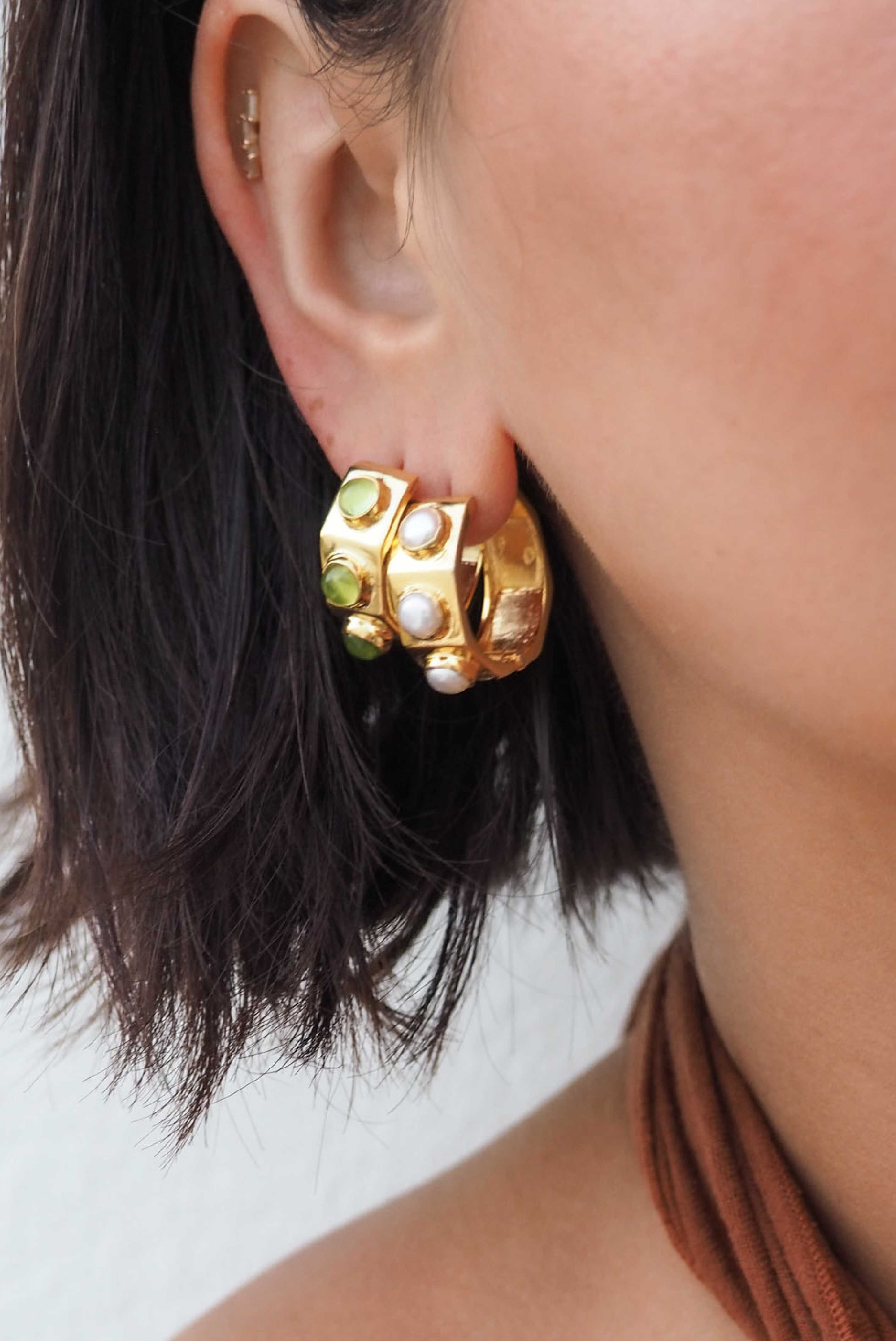 Dione Pearl Hoops made by Greek brand Inooku, sold by Selini.