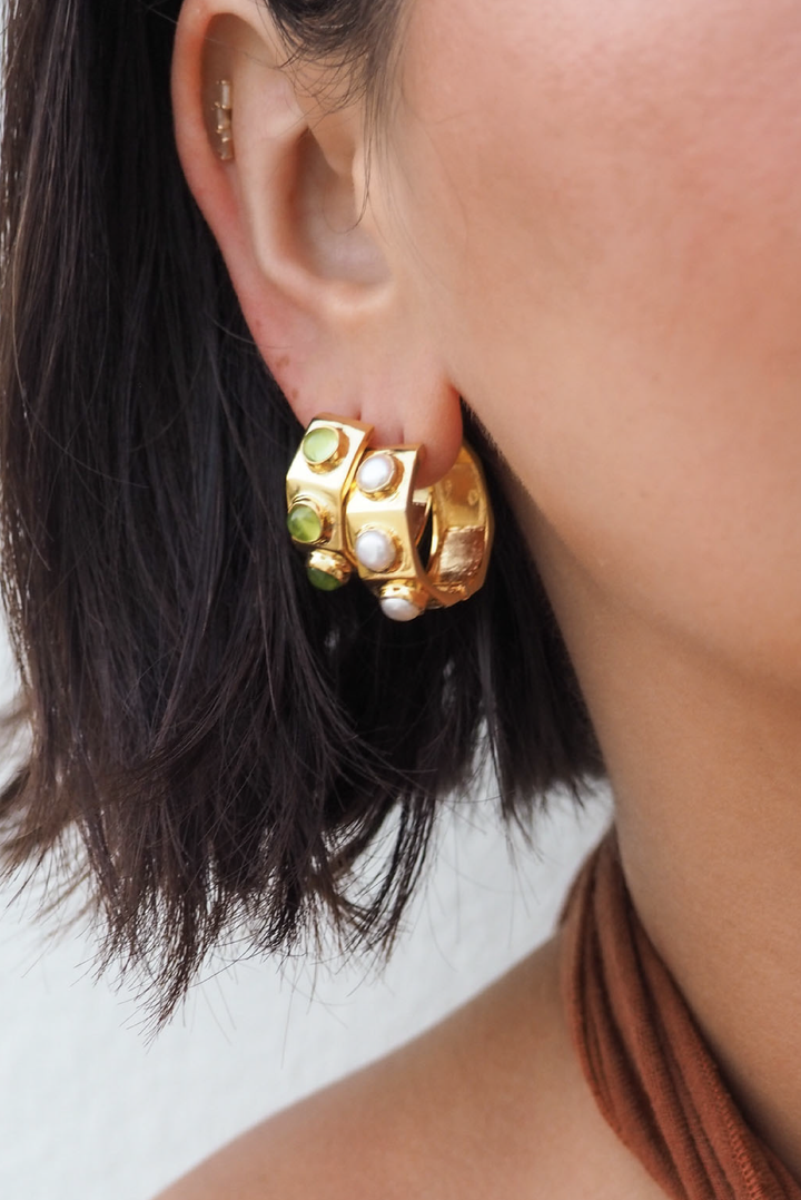 Dione Pearl Hoops made by Greek brand Inooku, sold by Selini.