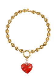 Made in Greece. Statement Necklace. Gold Chain with Red Heart. Summer Classic.