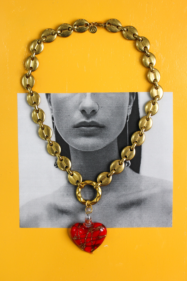 Made in Greece. Statement Necklace. Gold Chain with Red Heart. Summer Classic.