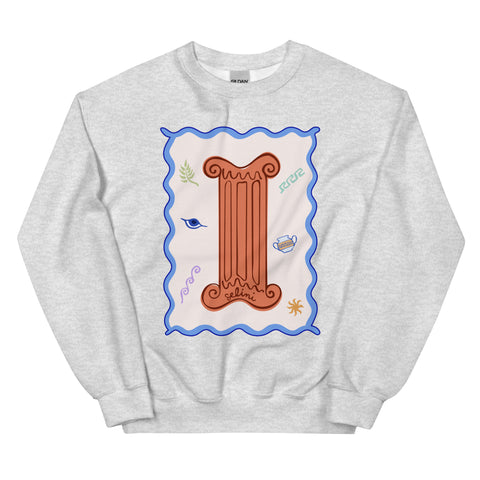 Selini Classic. Comfortable and Lightweight Sweatshirt. Greek Inspired. Images of Evil Eye, Waves, and Sun.