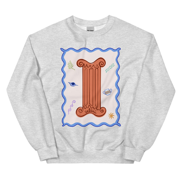 Selini Classic. Comfortable and Lightweight Sweatshirt. Greek Inspired. Images of Evil Eye, Waves, and Sun.