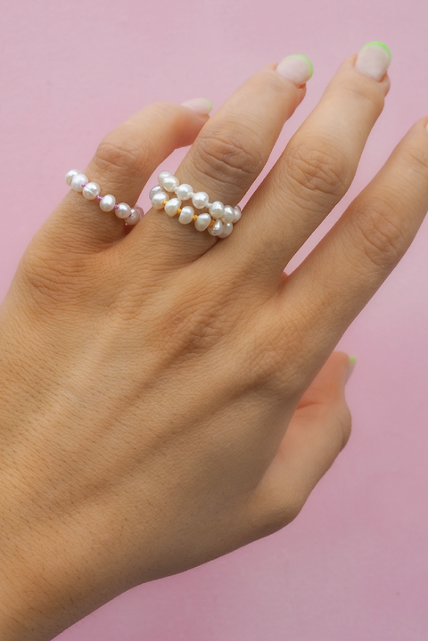 Made in Greece. Freshwater Cultured Pearls. Nylon Thread. Simple Stack Ring.