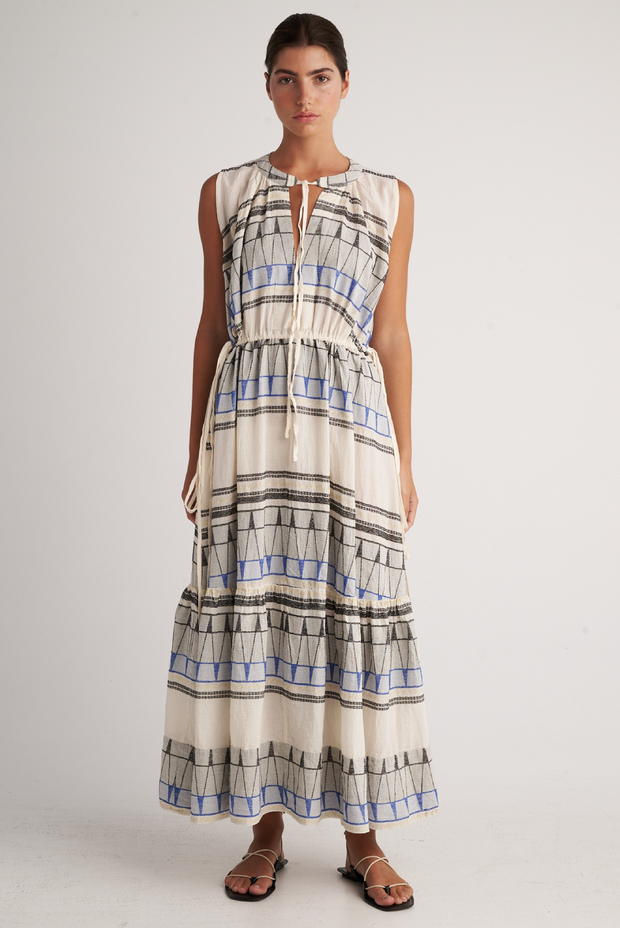 Made in Greece. 100% Cotton. Blue and White Maxi Dress. Greek Inspired Design. 