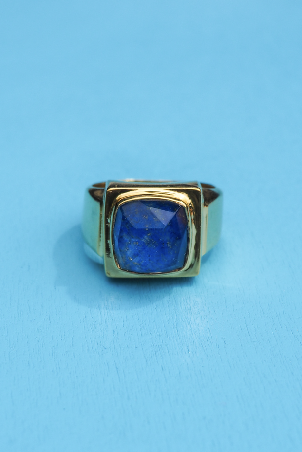  Made in Greece. Lapis Stone Ring. Fine 925 Silver with 18k Gold Plating. Statement Ring. 