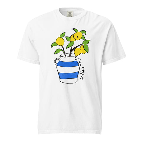 Selini Classic. Greek Inspired Lemon T-Shirt. Selini Summer Club. Vase of Lemons Design. 