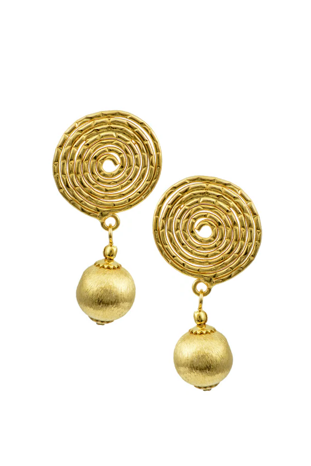 Made in Greece. Gold Statement Jewelry. Unique Earrings. Swirl Design with Dangle.
