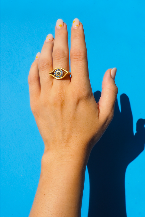 Made in Greece. Sterling Silver Plated in Gold. Evil Eye Ring. Greek Inspired Jewelry. 