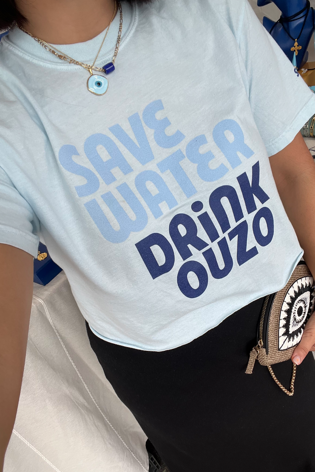 Save Water Drink Ouzo T-Shirt made by Greek brand, Selini.