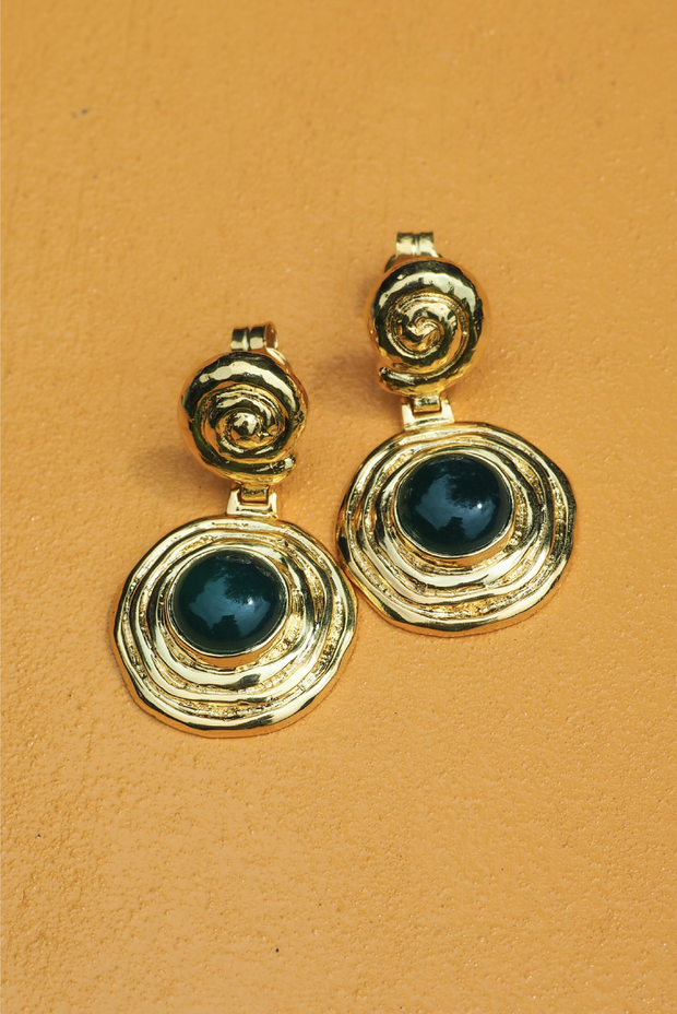 Made in Greece. Fine 925 Silver with 18k Gold Plating. Malachite Stone. Statement Earrings. 