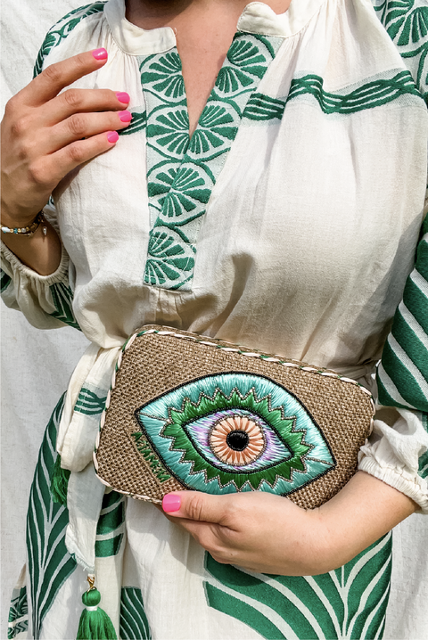 Selini Classic. Evil Eye Clutch. Greek Inspired Clutch. Inner Lining. 