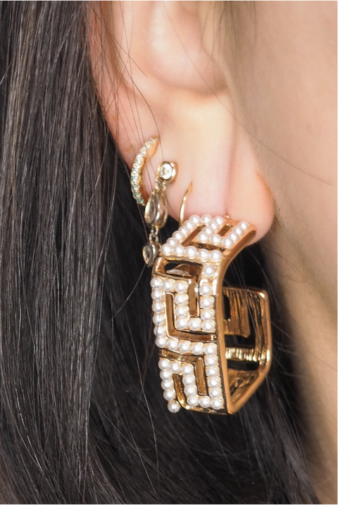 Selini Classic. Gold Plated Brass. Statement Earrings. Greek Pearl Square Hoops. 