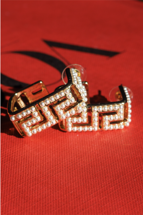 Selini Classic. Gold Plated Brass. Statement Earrings. Greek Pearl Square Hoops. 