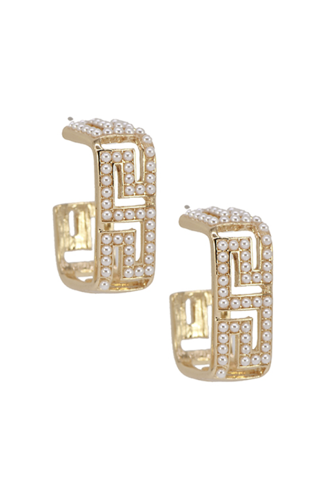 Selini Classic. Gold Plated Brass. Statement Earrings. Greek Pearl Square Hoops. 