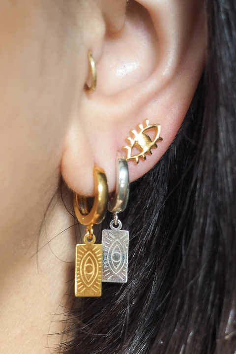 Made in Greece. Small Hoop Earrings. Evil Eye Earrings. Greek Design. 