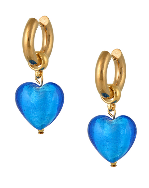 Made in Greece. Stainless Steel Gold Plated Hoop Earrings. Murano Glass Heart Earrings. Selini Staple. 