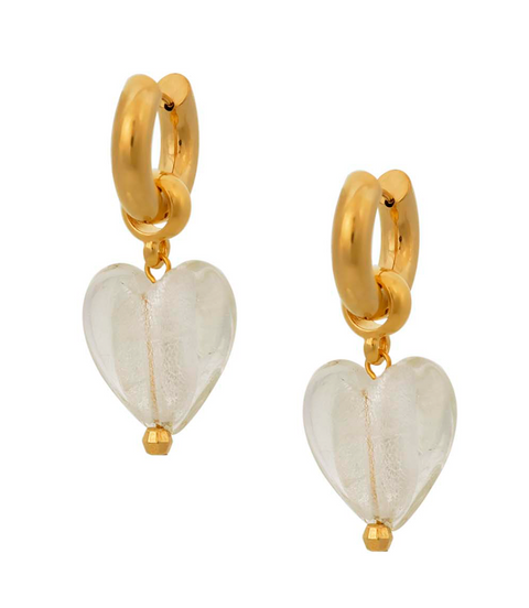 Made in Greece. Stainless Steel Gold Plated Hoop Earrings. Murano Glass Heart Earrings. Selini Staple. 
