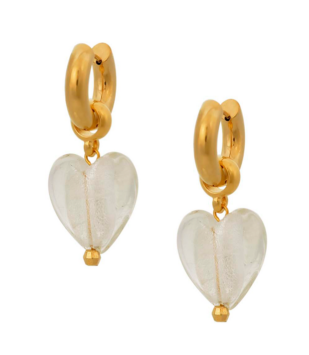 Made in Greece. Stainless Steel Gold Plated Hoop Earrings. Murano Glass Heart Earrings. Selini Staple. 