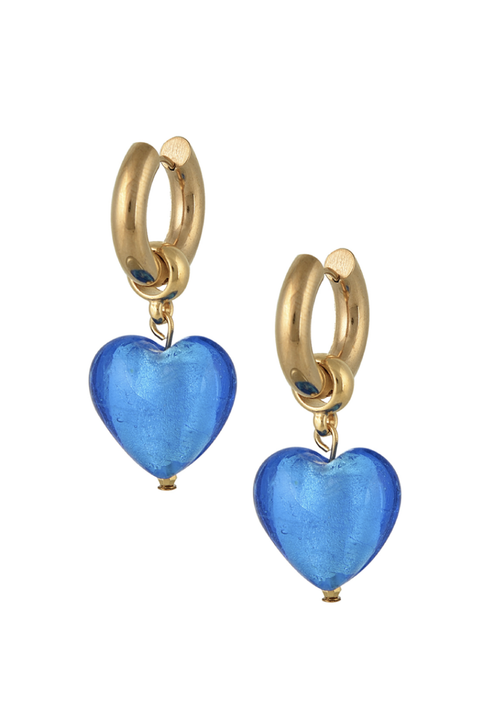 Made in Greece. Stainless Steel Gold Plated Hoop Earrings. Murano Glass Heart Earrings. Selini Staple. 