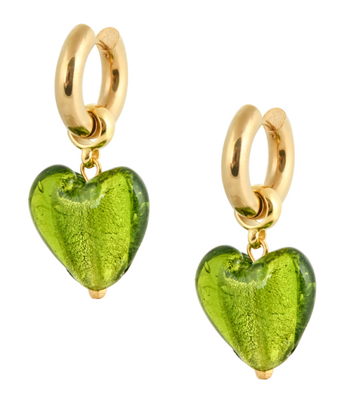 Made in Greece. Stainless Steel Gold Plated Hoop Earrings. Murano Glass Heart Earrings. Selini Staple. 
