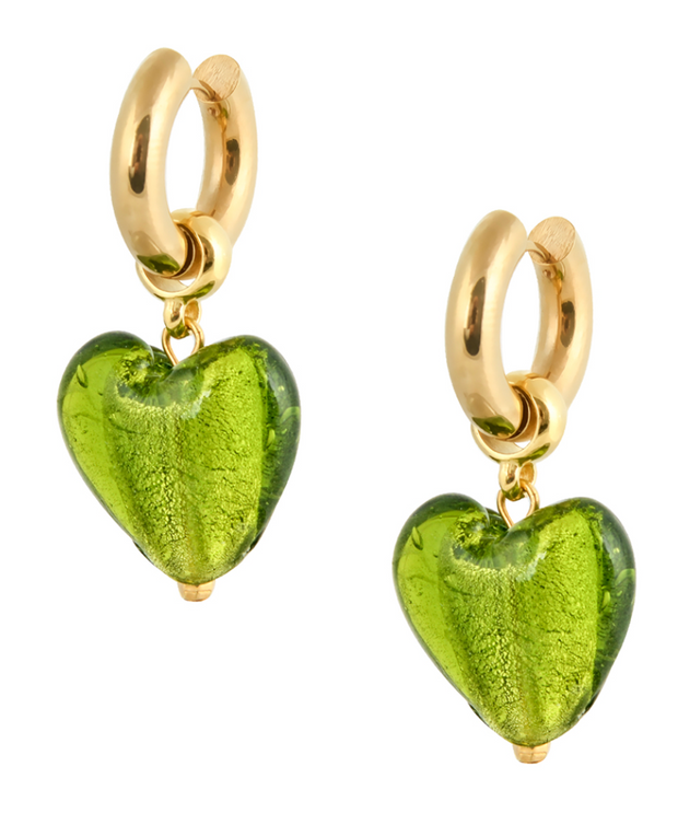 Made in Greece. Stainless Steel Gold Plated Hoop Earrings. Murano Glass Heart Earrings. Selini Staple. 