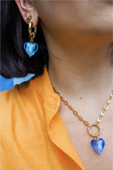 Made in Greece. Stainless Steel Gold Plated Hoop Earrings. Murano Glass Heart Earrings. Selini Staple. 