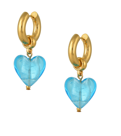 Made in Greece. Stainless Steel Gold Plated Hoop Earrings. Murano Glass Heart Earrings. Selini Staple. 