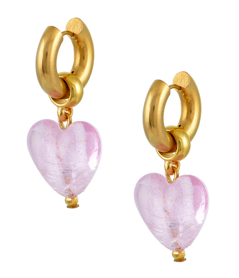 Made in Greece. Stainless Steel Gold Plated Hoop Earrings. Murano Glass Heart Earrings. Selini Staple. 