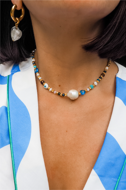 Made in Greece. Freshwater Baroque Pearls. 24K Gold Plated Beads. Statement Summer Choker. 