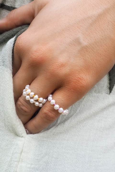 Made in Greece. Freshwater Cultured Pearls. Nylon Thread. Simple Stack Ring.