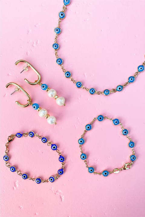 Selini Classic. Gold Plated Brass. Glass Beads. Evil Eye Necklace. 