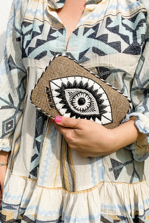 Selini Classic. Evil Eye Clutch. Greek Inspired Clutch. Inner Lining. 