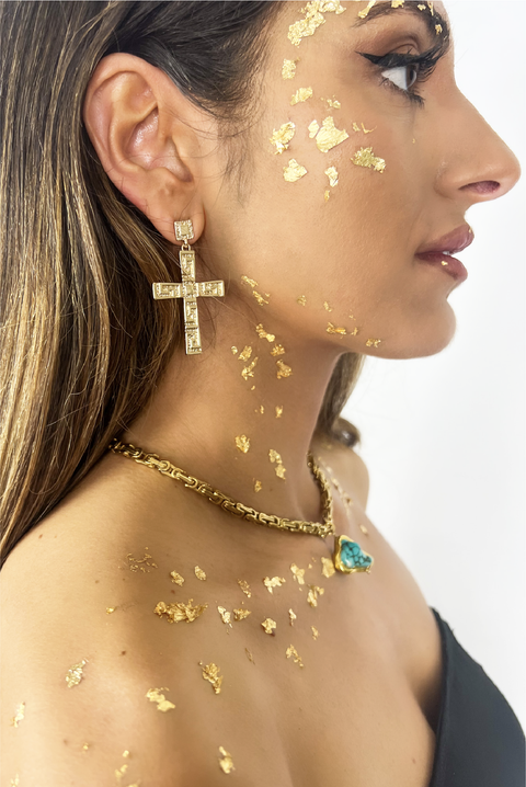 Selini Classic. Gold Plated Brass. Statement Earrings. Greek Inspired Cross Earrings. 