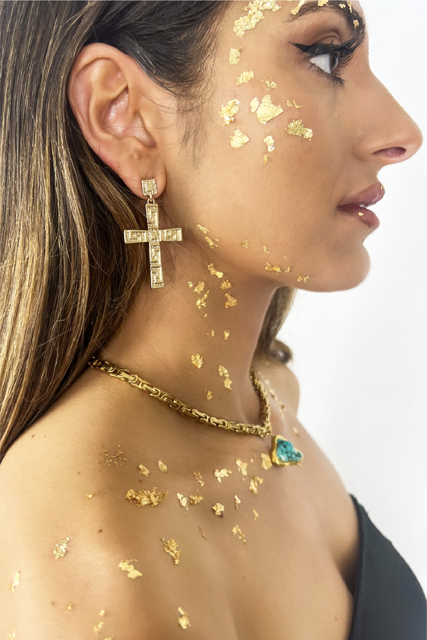 Selini Classic. Gold Plated Brass. Statement Earrings. Greek Inspired Cross Earrings. 